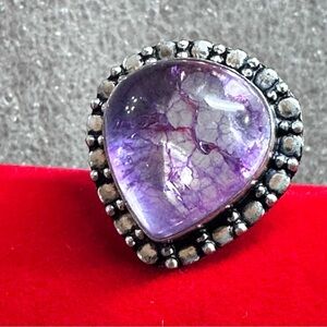 Artisan PURPLE 
CRACKLE QUARTZ RING Silver Bezel Set Large Natural Stone 7.25